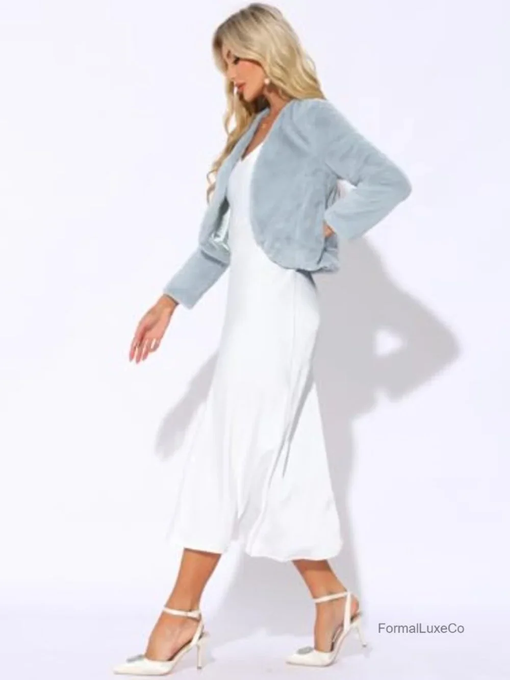 Womens Cropped Faux Fur Long Sleeve Wedding Bolero Shrug Coat